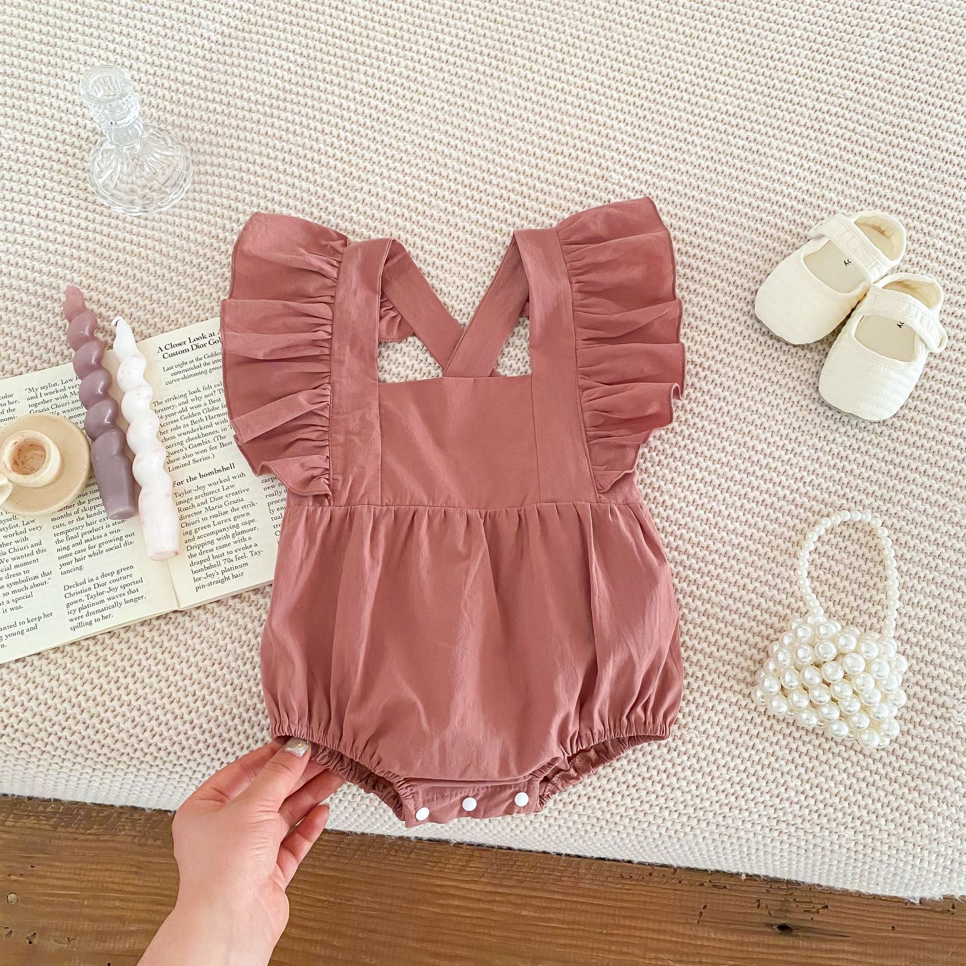 Summer Baby Girls Solid Color Square Neck Onesie-2